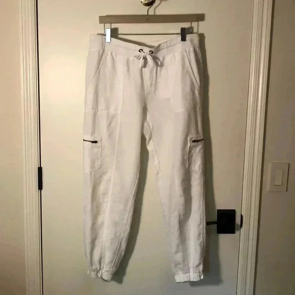 Women’s Athleta White Linen Joggers, Elastic Waistband, Side Pockets -size 12 - Picture 1 of 4